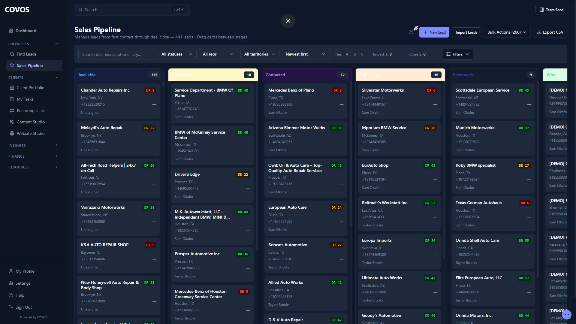 COVOS sales pipeline showing deal flow across all stages